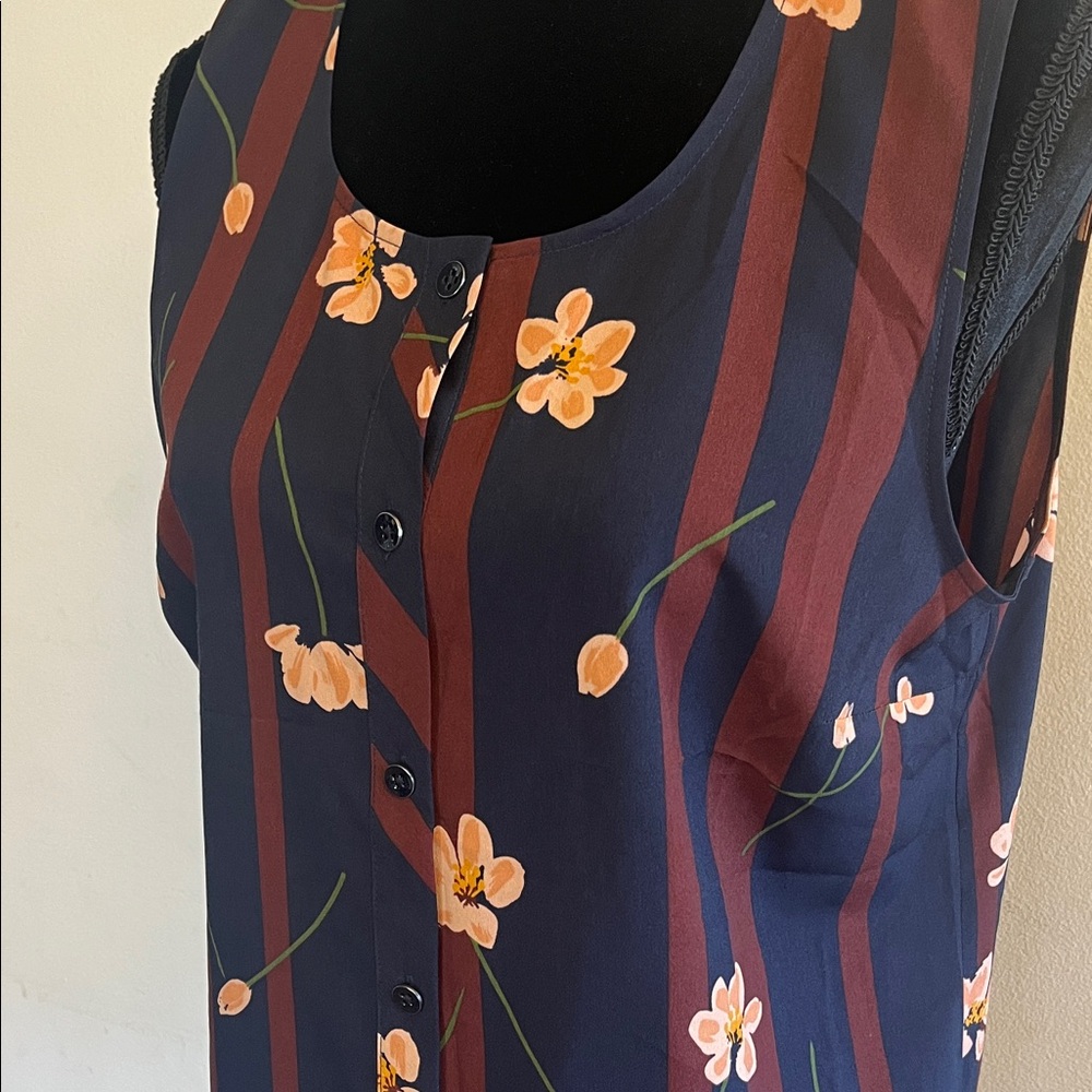 CAbi Navy and Brown Floral Buttoned Down Blouse - Picture 3 of 6